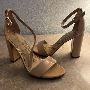 Sam Edelman Yaro Patent Leather Heel Sandals ankle strap 7.5 Tan Beige Nude